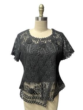 Y2K Lace Top Embroidered Mesh Black M Goth Whimsigoth Witchy Lined Blouse